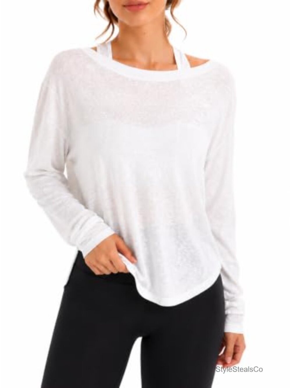 Women's Boat Neck Long Sleeve Workout Top Loose Fit Curved Hem Shirts